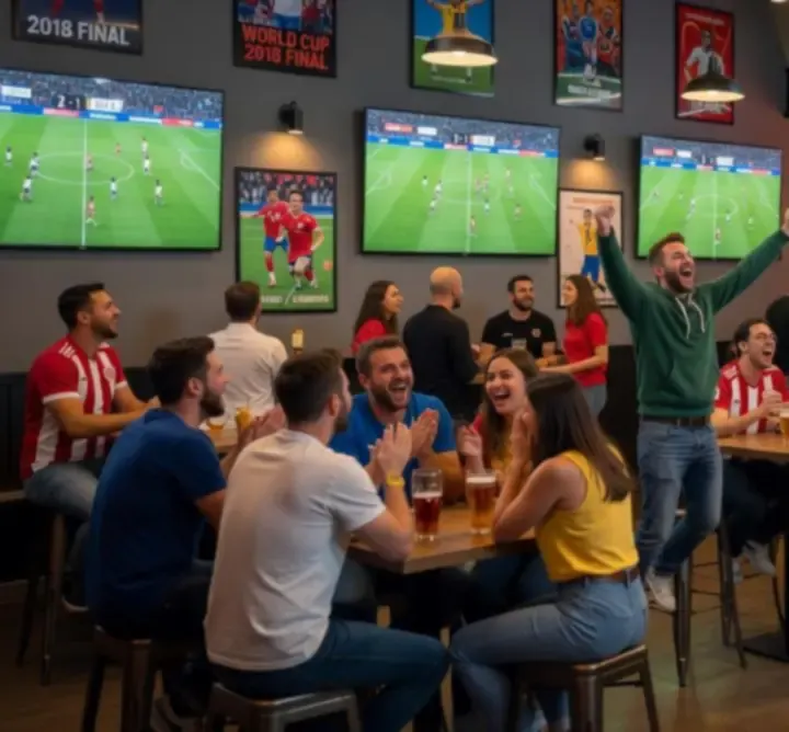 Widok na bar z dużym ekranem podczas transmisji sportowej w UREvent Services.